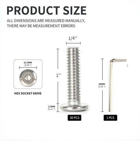 [40 Pack] 1/4-20 x 1/2" 304 Stainless Steel Flat Head Hex Socket Cap Screws A2-70 Grade 18-8 Bolts with Hex Key, Full Thread for Furniture, Machinery Marine (Corrosion Resistant) in Saudi Arabia