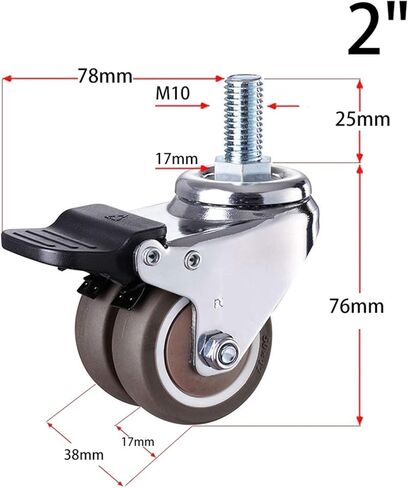 4Pcs/Set Heavy Duty Swivel Stem Rubber Caster Wheels M10 X 25mm Locking Casters 50mm(Set 2) in Saudi Arabia
