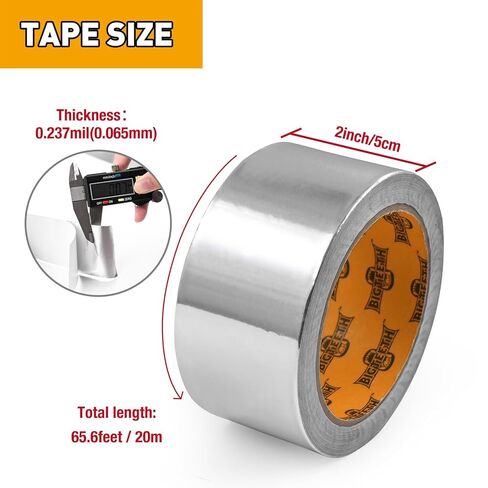 BIGTEETH HVAC Aluminum Foil Tape - 2 inch x 65.6 feet (5cm x 20m) 2.37mil Waterproof HVAC Duct Tape for Seal Hot and Cold Air Ducts,Metal and Plastic Joints,High Temp,Super Sticky Adhesive in Saudi Arabia