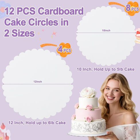 12 PCS White Cake Boards, 12 and 10 inch Food Grade Round Cardboard Base for Cakes DIY, Scalloped Edge Circles Disposable Oil-proof Cake Plate for Pizza, Dessert, Baking, Wedding, Birthday in Saudi Arabia
