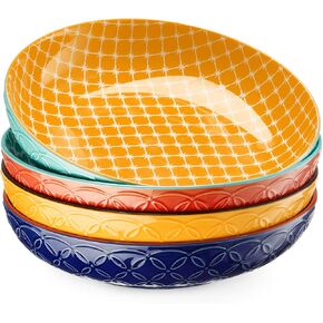 DOWAN 8.5" Vibrant Pasta, Salad & Soup Serving Bowls Set of 4, Embossed Large Porcelain Ceramic, Microwave, Oven & Dishwasher Safe, Bonita Design Perfect for Daily Dining, Family Gatherings, Party in Saudi Arabia