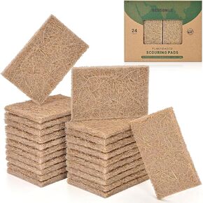24 Pack Natural Scrub Kitchen Sponges - Coconut Husk Non Abrasive Scouring Pads - Multipurpose Scrubbing for Dishes - Heavy Duty Dishes, Pan and Pot Scrubbers for Kitchen Non Scratch in Saudi Arabia