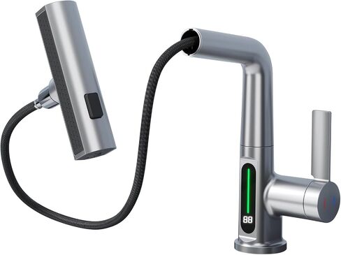 BARROCK Waterfall Bathroom Faucets with Sprayer, Modern Pull Down/Out Bathroom Sink Faucet with Celsius Digital Temperature Display, Height Adjustable Basin Mixer Tap No Battery Needed, Matte Black in Saudi Arabia