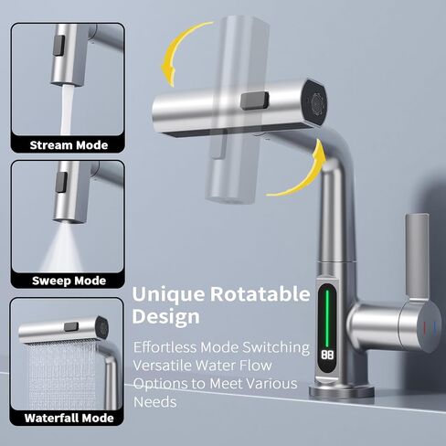 BARROCK Waterfall Bathroom Faucets with Sprayer, Modern Pull Down/Out Bathroom Sink Faucet with Celsius Digital Temperature Display, Height Adjustable Basin Mixer Tap No Battery Needed, Matte Black in Saudi Arabia