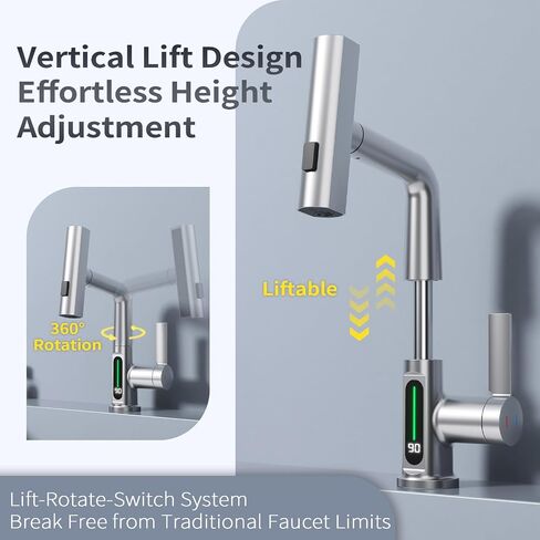 BARROCK Waterfall Bathroom Faucets with Sprayer, Modern Pull Down/Out Bathroom Sink Faucet with Celsius Digital Temperature Display, Height Adjustable Basin Mixer Tap No Battery Needed, Matte Black in Saudi Arabia