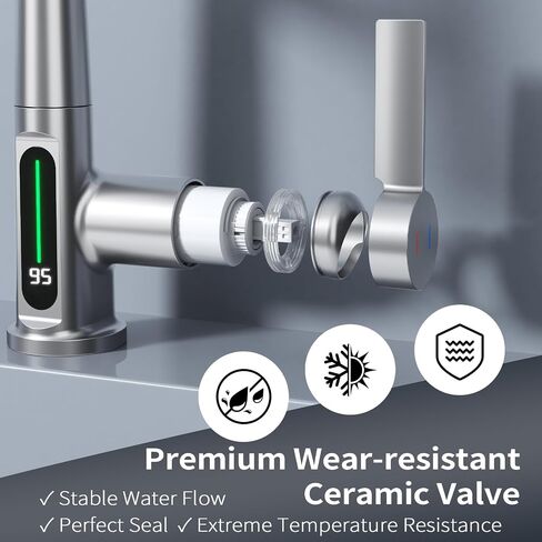 BARROCK Waterfall Bathroom Faucets with Sprayer, Modern Pull Down/Out Bathroom Sink Faucet with Celsius Digital Temperature Display, Height Adjustable Basin Mixer Tap No Battery Needed, Matte Black in Saudi Arabia