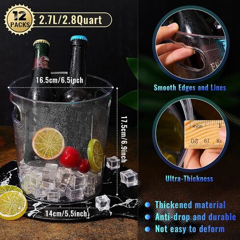 Tessco 12 Pcs Plastic Ice Buckets Clear Large Champagne Wine Cooler Bucket with Handle Portable Drinks Beverage Tubs Chiller Bin for Party Bar Wedding Beer Bottle(2.7L/2.8Quart) in Saudi Arabia