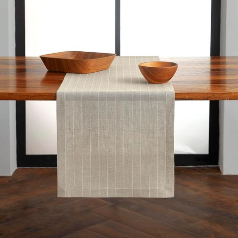 Solino Home Linen Table Table Runner 90 Inted - Pinstripe ، 100 ٪ Linen Pure Natural و Whit in Kuwait