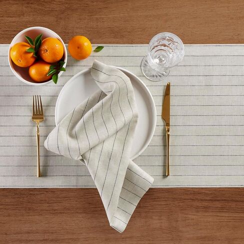 Solino Home Linen Table Table Runner 90 Inted - Pinstripe ، 100 ٪ Linen Pure Natural و Whit in Kuwait