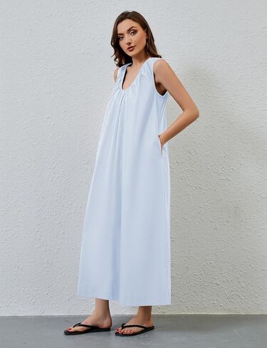 MISSACTIVER Women's Sleeveless Maxi Dress Scoop Neck Ruched Long Dress with Side Pockets Wide Shoulder Elegant Blouse Dresses in Saudi Arabia