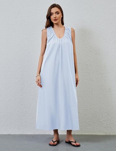MISSACTIVER Women's Sleeveless Maxi Dress Scoop Neck Ruched Long Dress with Side Pockets Wide Shoulder Elegant Blouse Dresses in Saudi Arabia