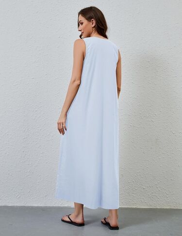 MISSACTIVER Women's Sleeveless Maxi Dress Scoop Neck Ruched Long Dress with Side Pockets Wide Shoulder Elegant Blouse Dresses in Saudi Arabia