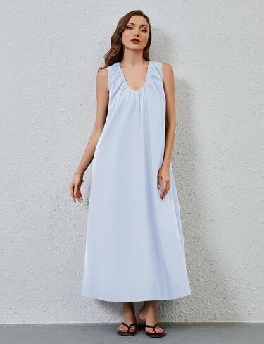 MISSACTIVER Women's Sleeveless Maxi Dress Scoop Neck Ruched Long Dress with Side Pockets Wide Shoulder Elegant Blouse Dresses in Saudi Arabia