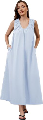 MISSACTIVER Women's Sleeveless Maxi Dress Scoop Neck Ruched Long Dress with Side Pockets Wide Shoulder Elegant Blouse Dresses in Saudi Arabia