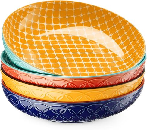 Dowan 8.5 "المعكرونة النابضة بالحياة والسلطة والشوربة التي تقدم الأوعية الأوعية من 4 ، منقوش من الخزف الخزفي الكبير ، الميكروويف ، الفرن وغسالة الصحون آمنة ، بونيتا تصميم مثالي لتناول الطعام اليومي ، التجمعات العائلية ، الحفلات in Kuwait