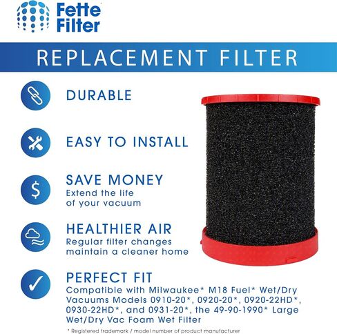 Fette Filter - 49901977 Large Wet/Dry Vacuum HEPA Filter Compatible with Milwaukee M18 Fuel Wet/Dry Vacuums Models 0910-20, 0920-20, 0920-22HD, 0930-22HD, 0931-20 - Part # 49-90-1977 Pack of 2 in Saudi Arabia