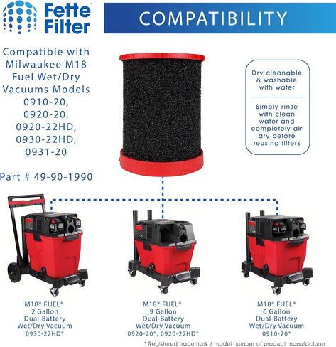 Fette Filter - 49901977 Large Wet/Dry Vacuum HEPA Filter Compatible with Milwaukee M18 Fuel Wet/Dry Vacuums Models 0910-20, 0920-20, 0920-22HD, 0930-22HD, 0931-20 - Part # 49-90-1977 Pack of 2 in Saudi Arabia
