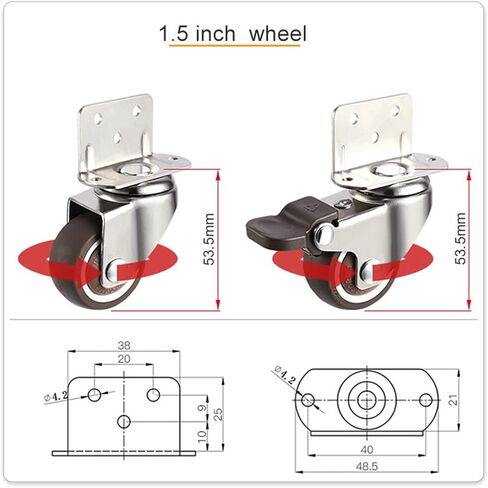 Super Mute L Type Side Mounted Wheels Casters TPE Splint Wheel with Bearings Wheel 1Pcs(with Brake,1.0 Inch) in Saudi Arabia