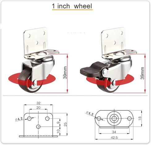 Super Mute L Type Side Mounted Wheels Casters TPE Splint Wheel with Bearings Wheel 1Pcs(with Brake,1.0 Inch) in Saudi Arabia