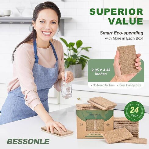 24 Pack Natural Scrub Kitchen Sponges - Coconut Husk Non Abrasive Scouring Pads - Multipurpose Scrubbing for Dishes - Heavy Duty Dishes, Pan and Pot Scrubbers for Kitchen Non Scratch in Saudi Arabia