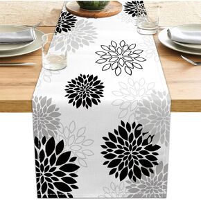 Dahlia Flower Table Runner 13x71 Inch Farmhouse Black Gray Runners Modern Table Decorations Rustic Geometric Coffee Table Runner for Home Kitchen Dining Room Party (13"x71", Dahlia Floral-Black) in Kuwait