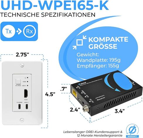 4K HDMI/USB-C Extender by OREI, Over Single Cat6/Cat7 Cable Wall Plate Transmitter 4K @ 60Hz UltraHD with HDR & IR Control - Up to 165 ft in Saudi Arabia