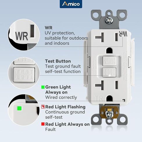 Amico GFCI Outlet 20 Amp with Thinner Design 12 Pack, Weather Resistant (WR), Self-Test GFI Receptacles with LED Indicator, Wall Plates and Screws Included, Indoor or Outdoor, ETL Listed, White in Saudi Arabia