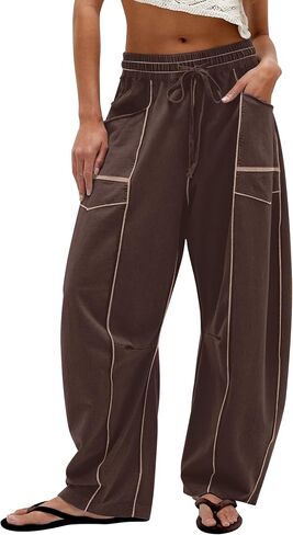 Wide Leg Barrel Sweatpants for Women Babby Palazzo Pants Drawstring High Waist Color Block Lounge Sweat Pant in Saudi Arabia