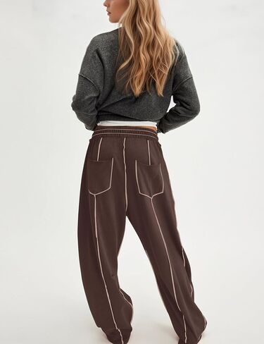 Wide Leg Barrel Sweatpants for Women Babby Palazzo Pants Drawstring High Waist Color Block Lounge Sweat Pant in Saudi Arabia