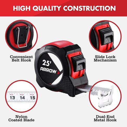 Arrow 25FT Tape Measure, Easy Read Measuring Tape with Dual Locking System, Double Sided Measurement Tape with 1.25″ Blade, Belt Clip, Dual-End Metal Hook, and Rubber Protective Casing in Saudi Arabia