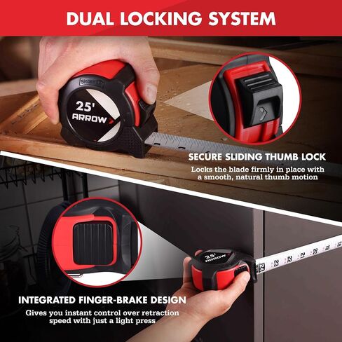 Arrow 25FT Tape Measure, Easy Read Measuring Tape with Dual Locking System, Double Sided Measurement Tape with 1.25″ Blade, Belt Clip, Dual-End Metal Hook, and Rubber Protective Casing in Saudi Arabia