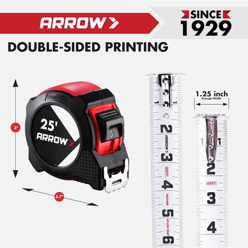 Arrow 25FT Tape Measure, Easy Read Measuring Tape with Dual Locking System, Double Sided Measurement Tape with 1.25″ Blade, Belt Clip, Dual-End Metal Hook, and Rubber Protective Casing in Saudi Arabia