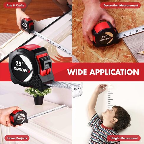 Arrow 25FT Tape Measure, Easy Read Measuring Tape with Dual Locking System, Double Sided Measurement Tape with 1.25″ Blade, Belt Clip, Dual-End Metal Hook, and Rubber Protective Casing in Saudi Arabia