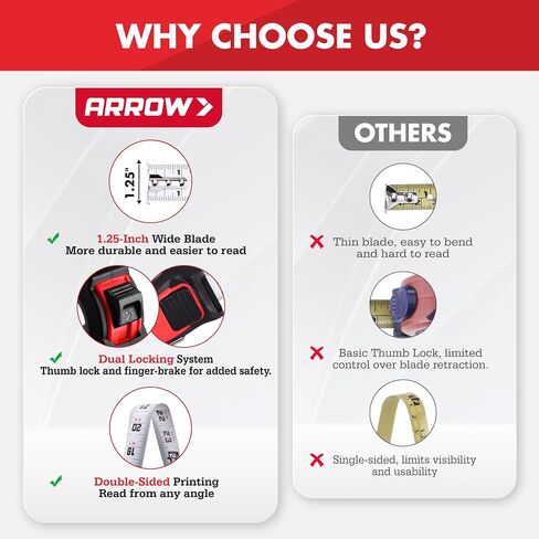Arrow 25FT Tape Measure, Easy Read Measuring Tape with Dual Locking System, Double Sided Measurement Tape with 1.25″ Blade, Belt Clip, Dual-End Metal Hook, and Rubber Protective Casing in Saudi Arabia