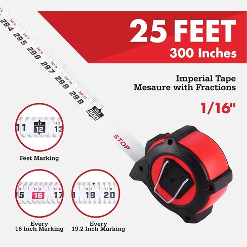 Arrow 25FT Tape Measure, Easy Read Measuring Tape with Dual Locking System, Double Sided Measurement Tape with 1.25″ Blade, Belt Clip, Dual-End Metal Hook, and Rubber Protective Casing in Saudi Arabia
