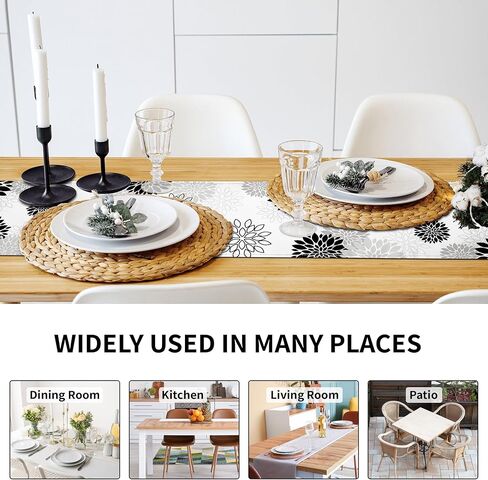 Dahlia Flower Table Runner 13x71 Inch Farmhouse Black Gray Runners Modern Table Decorations Rustic Geometric Coffee Table Runner for Home Kitchen Dining Room Party (13"x71", Dahlia Floral-Black) in Kuwait
