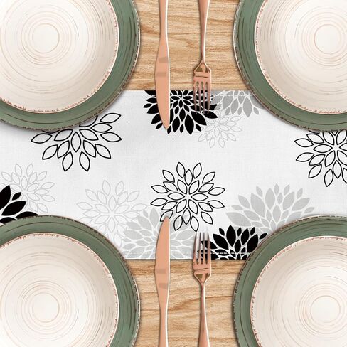 Dahlia Flower Table Runner 13x71 Inch Farmhouse Black Gray Runners Modern Table Decorations Rustic Geometric Coffee Table Runner for Home Kitchen Dining Room Party (13"x71", Dahlia Floral-Black) in Kuwait