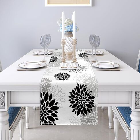 Dahlia Flower Table Runner 13x71 Inch Farmhouse Black Gray Runners Modern Table Decorations Rustic Geometric Coffee Table Runner for Home Kitchen Dining Room Party (13"x71", Dahlia Floral-Black) in Kuwait