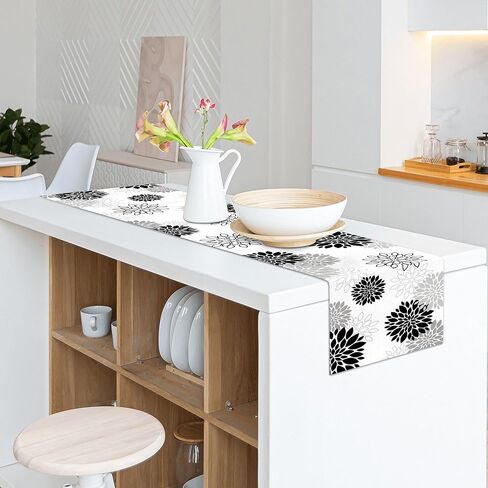 Dahlia Flower Table Runner 13x71 Inch Farmhouse Black Gray Runners Modern Table Decorations Rustic Geometric Coffee Table Runner for Home Kitchen Dining Room Party (13"x71", Dahlia Floral-Black) in Kuwait