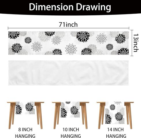 Dahlia Flower Table Runner 13x71 Inch Farmhouse Black Gray Runners Modern Table Decorations Rustic Geometric Coffee Table Runner for Home Kitchen Dining Room Party (13"x71", Dahlia Floral-Black) in Kuwait
