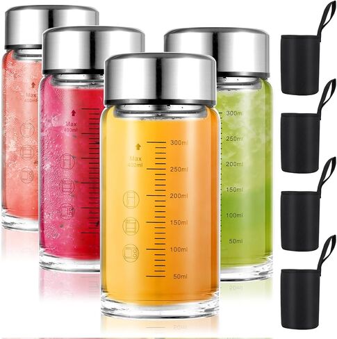 4 Pack 12 oz Glass Juice Bottles, Wide Mouth Glass Water Bottles with Lids - for Juicing, Smoothies, Milk, Protein, BPA Free, Reusable, Stainless Steel Lids, Leak Proof, Shaker bottle in Saudi Arabia