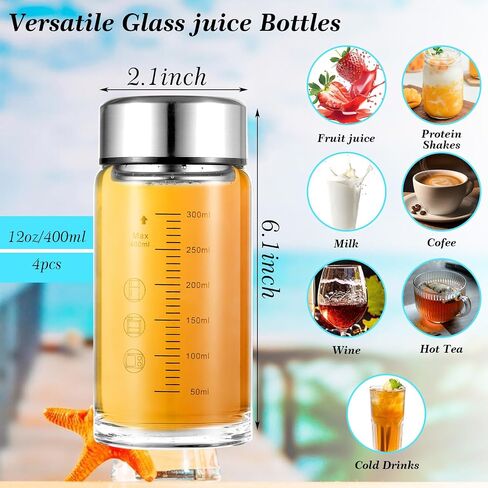 4 Pack 12 oz Glass Juice Bottles, Wide Mouth Glass Water Bottles with Lids - for Juicing, Smoothies, Milk, Protein, BPA Free, Reusable, Stainless Steel Lids, Leak Proof, Shaker bottle in Saudi Arabia