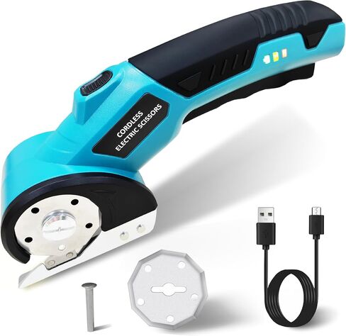 Cordless Electric Scissors, Cardboard Cutter, Rotary Cutter, with LED Light and Safety Lock, Suitable for Cutting Carpets, Leather, Cardboard, Fabrics, Plastics, Etc. Safe and Easy to Hold(Blue) in Saudi Arabia