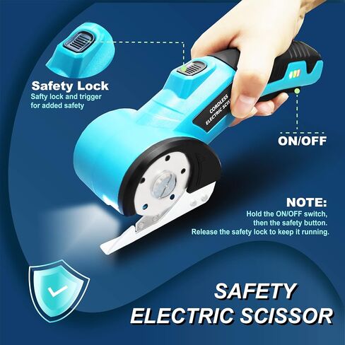Cordless Electric Scissors, Cardboard Cutter, Rotary Cutter, with LED Light and Safety Lock, Suitable for Cutting Carpets, Leather, Cardboard, Fabrics, Plastics, Etc. Safe and Easy to Hold(Blue) in Saudi Arabia