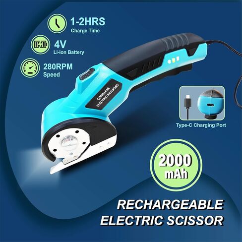 Cordless Electric Scissors, Cardboard Cutter, Rotary Cutter, with LED Light and Safety Lock, Suitable for Cutting Carpets, Leather, Cardboard, Fabrics, Plastics, Etc. Safe and Easy to Hold(Blue) in Saudi Arabia