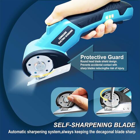 Cordless Electric Scissors, Cardboard Cutter, Rotary Cutter, with LED Light and Safety Lock, Suitable for Cutting Carpets, Leather, Cardboard, Fabrics, Plastics, Etc. Safe and Easy to Hold(Blue) in Saudi Arabia
