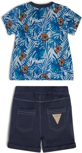 GUESS baby-boys Organic Cotton Jersey All Over Print Logo T Shirt and French Terry Short 2 Piece Set Playwear Set in Saudi Arabia