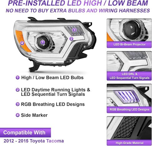 500 ٪ أكثر إشراقًا لمجموعة المصابيح الأمامية LED متوافقة مع 12-15 TACOMA مع إشارة الدوران المتسلسل 2012-2015 Tacoma Black Housing Amber Relfector in Kuwait