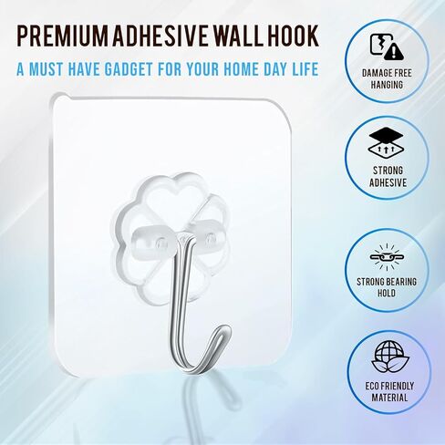 Ultra-Strong Transparent Adhesive Hooks - Waterproof Clear Hooks for Home, Office, Kitchen - 13 lbs Heavy Duty, No Drilling Required- Pack of 20 (10, Medium) in Saudi Arabia