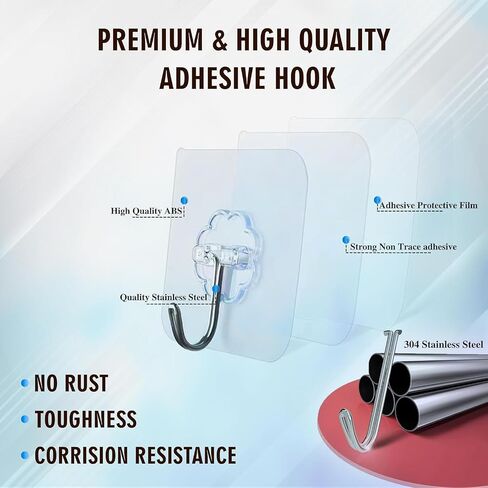 Ultra-Strong Transparent Adhesive Hooks - Waterproof Clear Hooks for Home, Office, Kitchen - 13 lbs Heavy Duty, No Drilling Required- Pack of 20 (10, Medium) in Saudi Arabia